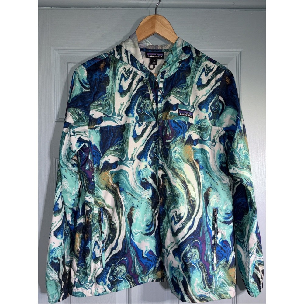 Patagonia Women's‎ Light & Variable Rain Jacket Blue Marbled Sz Small. Hooded.